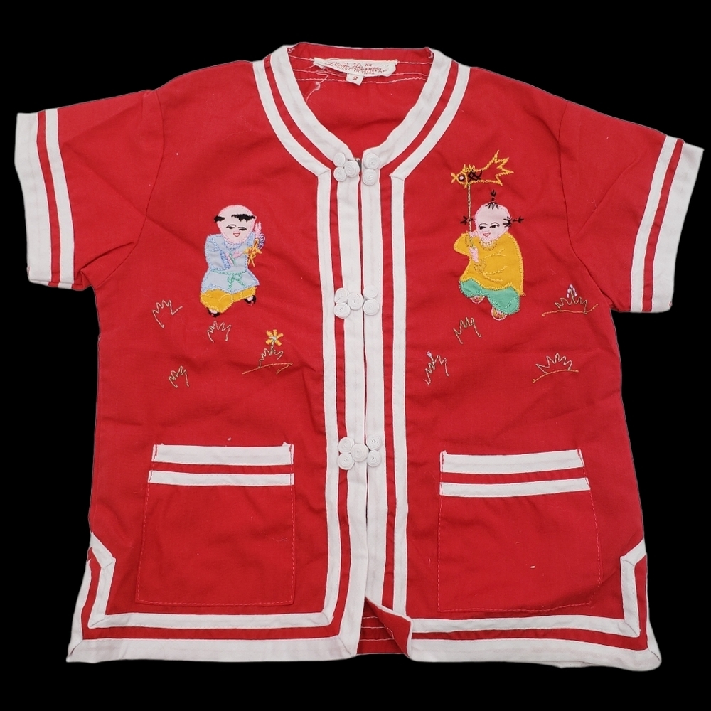 Vintage Plum Blossom 2T Unisex Asian Themed Top Red White Stitched Snap Shirt